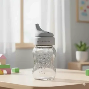 A bottle with a silicone sippy spout conversion top, a gradual step for a baby who refuses bottle nipples.