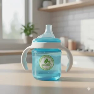 Image showing a safe, BPA-free plastic infant sippy cup with clear material safety labeling.
