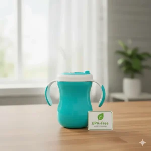 Image featuring the cup next to a label or icon confirming it is a BPA-free, no spill straw cup for baby safety.