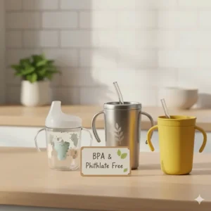 Highlighting a BPA-free sippy cup for milk made from safe, durable plastic or stainless steel.