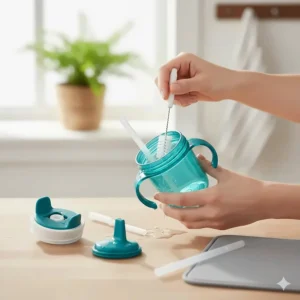 An image showing the disassembled parts of a sippy cup being cleaned, emphasizing hygiene and maintenance after the baby starts using it.