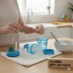 Image illustrating the process of disassembling and thoroughly cleaning the various parts of a sippy cup to prevent mold and bacteria buildup.