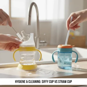 Image of cup components being cleaned, highlighting the difficulty in sanitizing the valves of a traditional sippy cup compared to a simple straw.