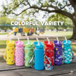 Row of bright, colorful leak-proof toddler water bottles with fun patterns, showcasing the available design variety.