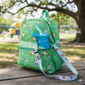 Illustration of the compact size of the leak-proof water bottle, easily fitting into a school backpack or lunch box pocket.