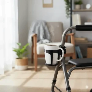 The cup holder for walker accessory is designed to accommodate various drinks, including a large coffee mug with a handle.