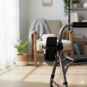 Walker cup holder featuring a convenient, integrated slot for holding a smartphone, keeping it accessible while on the go.