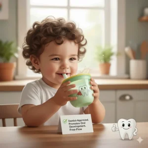 An illustration of a dentist-approved free-flow sippy cup suitable for drinking milk and promoting oral development.