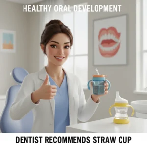 Graphic showing a dentist giving a thumbs-up to a straw cup, suggesting the preferred option for proper tooth and jaw alignment in babies.