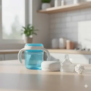 All parts of the easy-to-clean sippy cup disassembled for washing, including the lid, cup, and nipple.