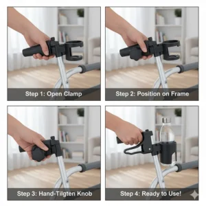 Visual steps for easy, tool-free installation of the new cup holder for a walker.