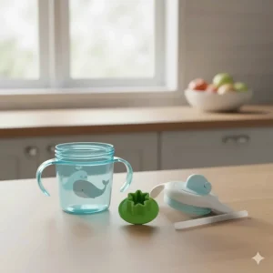 Disassembled parts of an easy-to-clean spill proof cup for toddlers to prevent mold and mildew.
