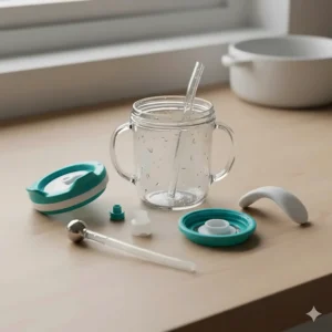 All disassembled parts of the easy-to-clean straw cup, including the base, lid, and flexible straw.