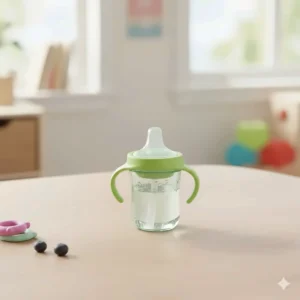 A small, easy-grip first sippy cup for babies transitioning into the toddler stage, often recommended by pediatricians.