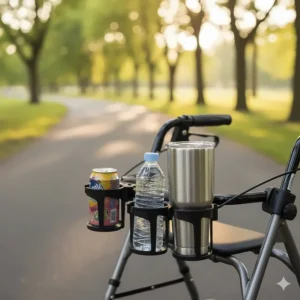 Comparison photo demonstrating the universal fit of the walker cup holder for various beverage containers like cans, bottles, and tumblers.