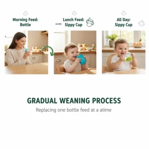 A visual illustrating the gradual process for weaning a baby off the bottle, focusing on replacing one feeding at a time with a sippy cup.