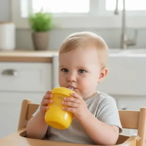 Durable no spill sippy cup with a hard spout, ideal for older babies transitioning from a bottle.