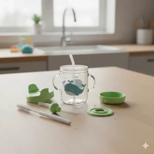 Image showing the disassembled parts of a simple-to-clean toddler sippy cup, emphasizing easy sterilization.