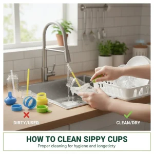 An organized photo demonstrating the steps for proper cleaning and sanitizing of sippy cups after the baby has successfully made the switch.