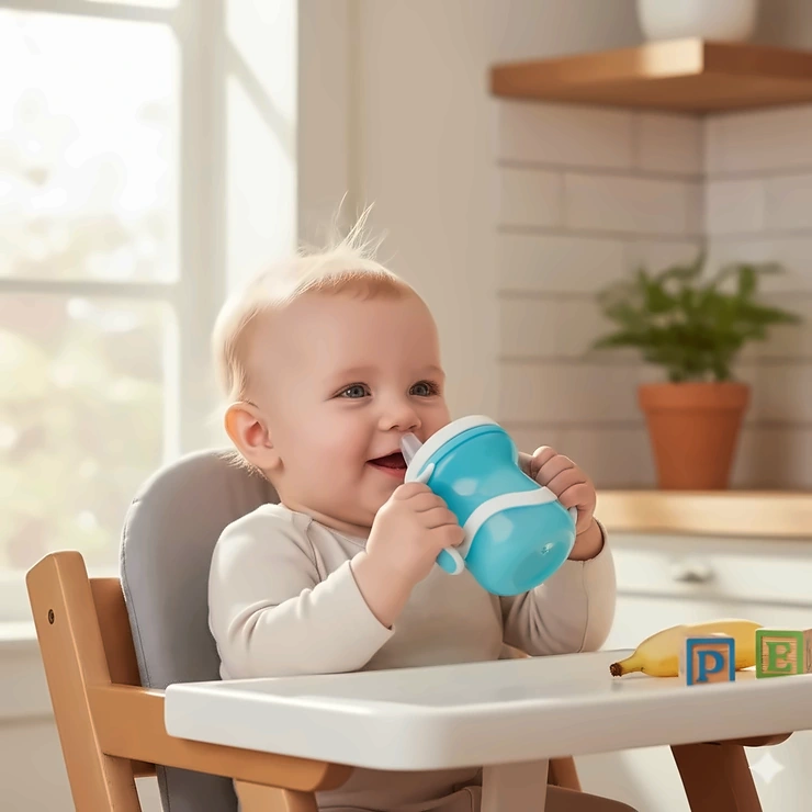 Happy infant learning to drink from a sippy cup, holding the easy-grip handles.