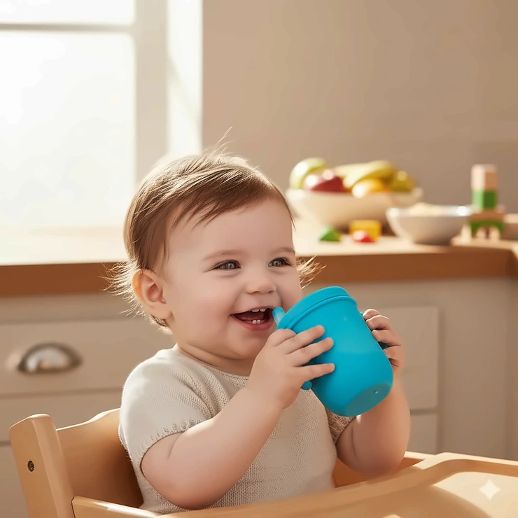 A happy infant, about 12 months old, holds and drinks from a blue sippy cup, marking a successful transition from bottle to sippy cup milestone.