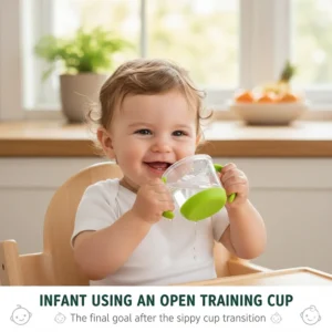 A baby practicing with a small, handle-equipped open training cup, which is the final goal after the sippy cup transition.