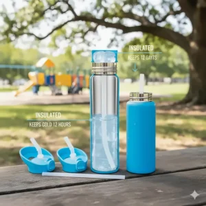 Diagram of a double-walled, insulated leak-proof toddler water bottle showing how it keeps drinks cold for hours.