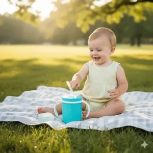Insulated no spill sippy cup with straw keeping a drink cool for a toddler on a warm day outdoors.