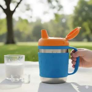 Insulated spill proof cups for toddlers keep milk and juice cold for hours when traveling or on the go.