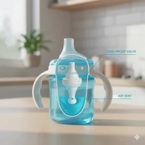Diagram highlighting the internal leak-proof valve mechanism of a durable toddler sippy cup.