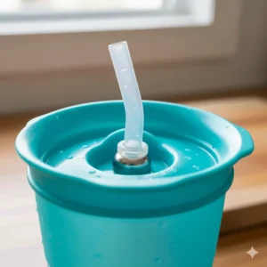 Close-up of the interior of the leakproof sippy cup highlighting the weighted straw for drinking at any angle.
