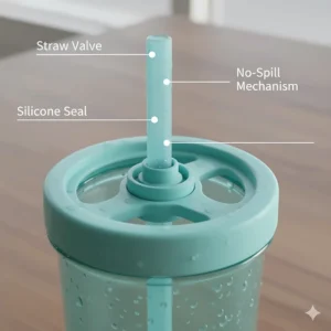 Detailed illustration showing the tight-sealing lid and no-spill valve mechanism of the straw sippy cup.
