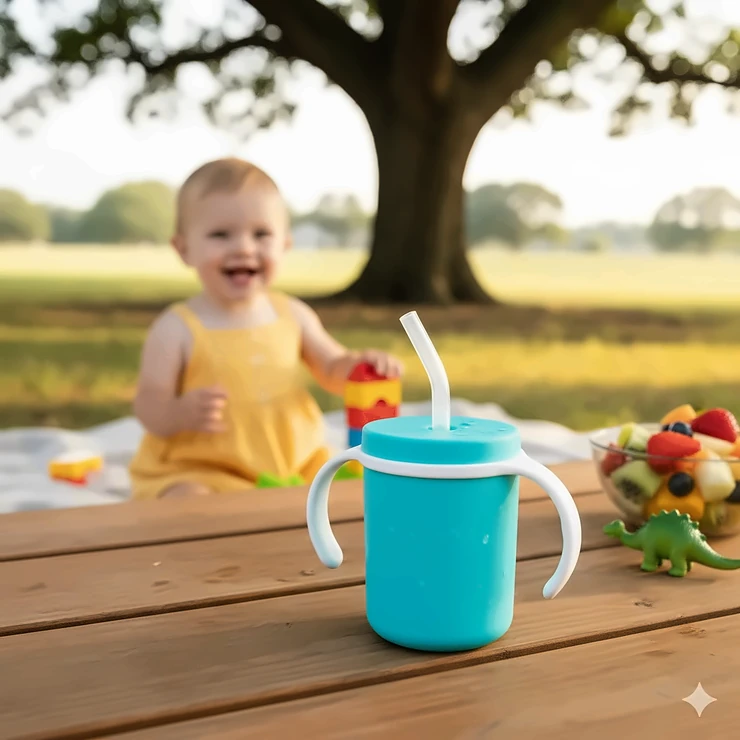No spill sippy cup with straw shown in bright colors, perfect for a toddler transitioning from a bottle.