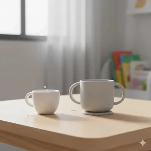 Comparison of a small open cup and a silicone trainer cup, often recommended when a baby refuses a bottle and sippy cups.