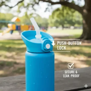 Close-up illustration of the secure, push-button lock mechanism that makes this a truly leak-proof toddler water bottle.