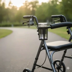 Durable drink holder attachment securely installed on the handle of a rollator walker, providing convenience for users.