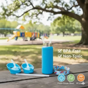 Graphic display of the bottle materials, emphasizing BPA-free and non-toxic construction for a safe toddler water bottle.
