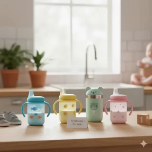 A collection of colorful toddler sippy cups recommended for children aged 12 months and up to use with milk.