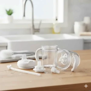 The component parts of a sippy cup (base, lid, valve) to demonstrate how easy it is to disassemble and clean the best starter sippy cup.