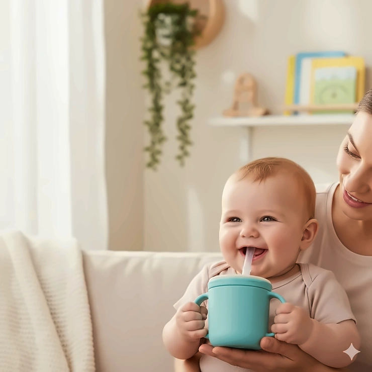 Sippy cup for baby who refuses bottle: A smiling infant drinks from a weighted straw cup while transitioning from bottle feeding.