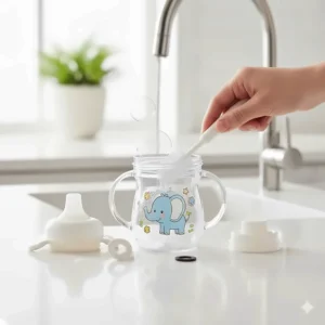 Diagram showing the simple parts of a toddler milk cup taken apart for easy cleaning and maintenance.