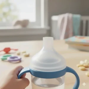 Close-up of a soft silicone spout on a starter sippy cup ideal for gumming babies.