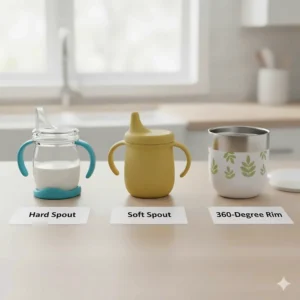 A comparison chart showing hard spout, soft spout, and 360-degree rim options for a toddler cup for milk.