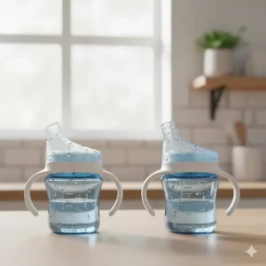 Comparison chart showing a soft silicone spout and a hard plastic spout on different baby sippy cups.