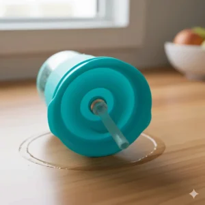 No-spill sippy cup with straw lying upside down on a kitchen table to demonstrate the leak-proof function.