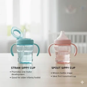 A comparison of a straw sippy cup next to a spout sippy cup, detailing the difference and which type is best for oral development when transitioning from a bottle.