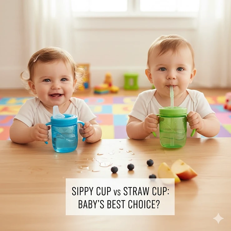 Sippy cup vs straw cup comparison showing a baby happily drinking from each type of cup, highlighting the benefits and drawbacks of each for a developing child. sippy cup vs straw cup for baby