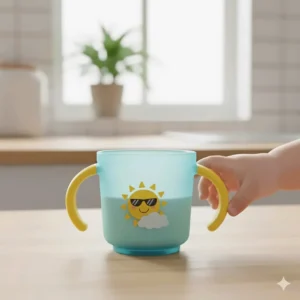 A side view of a short, sturdy sippy cup for milk with handles designed for a young toddler's grip.