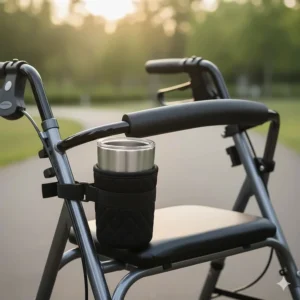 Soft, insulated fabric cup holder attached to a walker to keep beverages cold or warm during use.