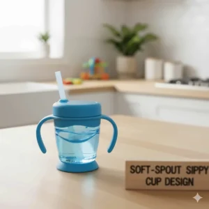 Detailed shot of a soft-spout sippy cup designed for infants, emphasizing its gentle, orthodontic-friendly nipple.